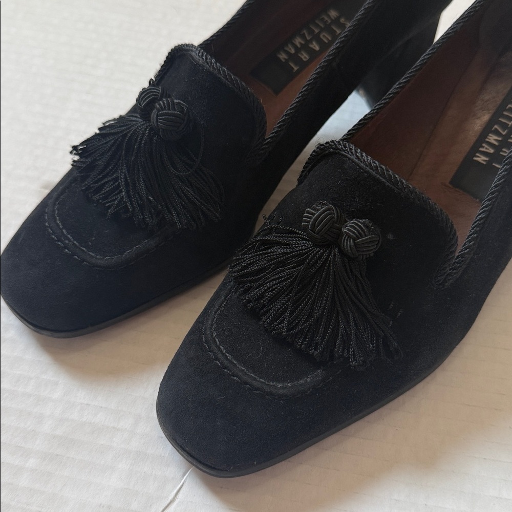 Vintage Stuart Weitzman - Black Suede Tassel Pumps - Block Heel - Size 7.5 B
